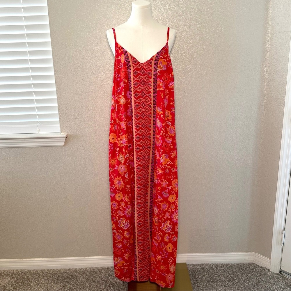 NWT Liverpool Floral Flowy Maxi Dress Red Orange Bohemian Resort Pockets Sz L - Picture 4 of 14